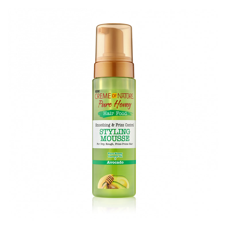 CREME OF NATURE Pure Honey styling mousse in green pump bottle avocado scent hair smoothing mousse for frizz control