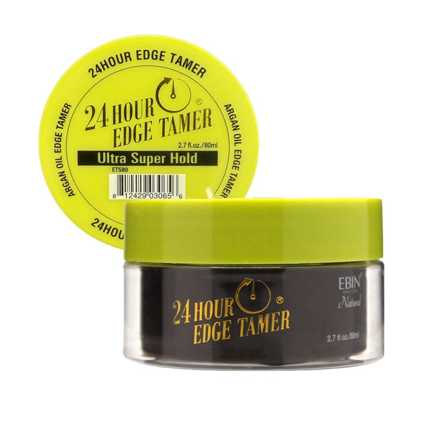 EBIN 24 hour edge control gel in a black and yellow jar with ultra super hold formula for hair care