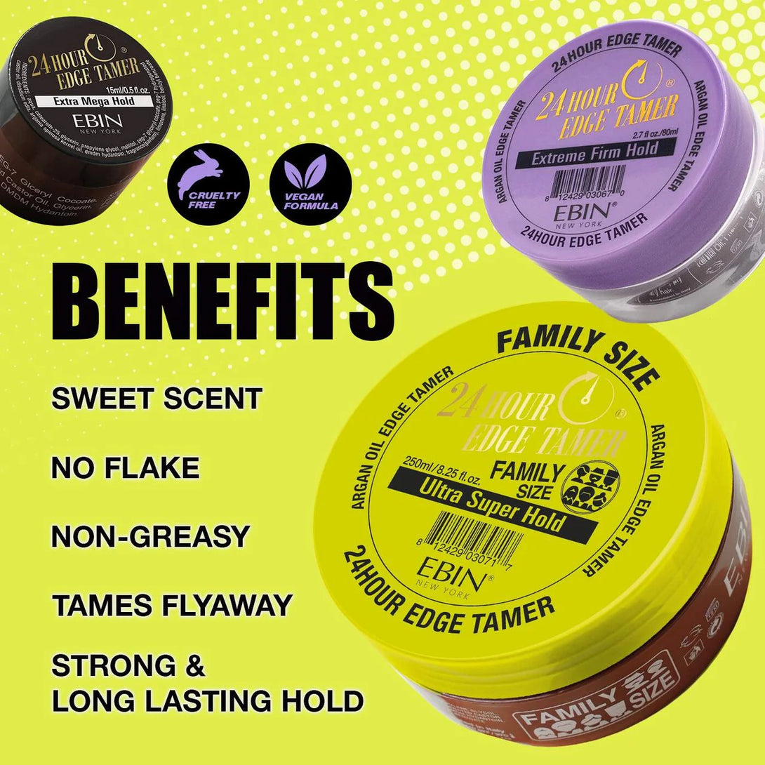 EBIN 24 hour edge control gel family size and travel size jars with benefits like no flake and long lasting hold