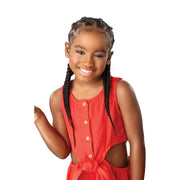 Smiling young girl with braids wearing red outfit showcasing pre-stretched braiding hair for kids by SENSATIONNEL