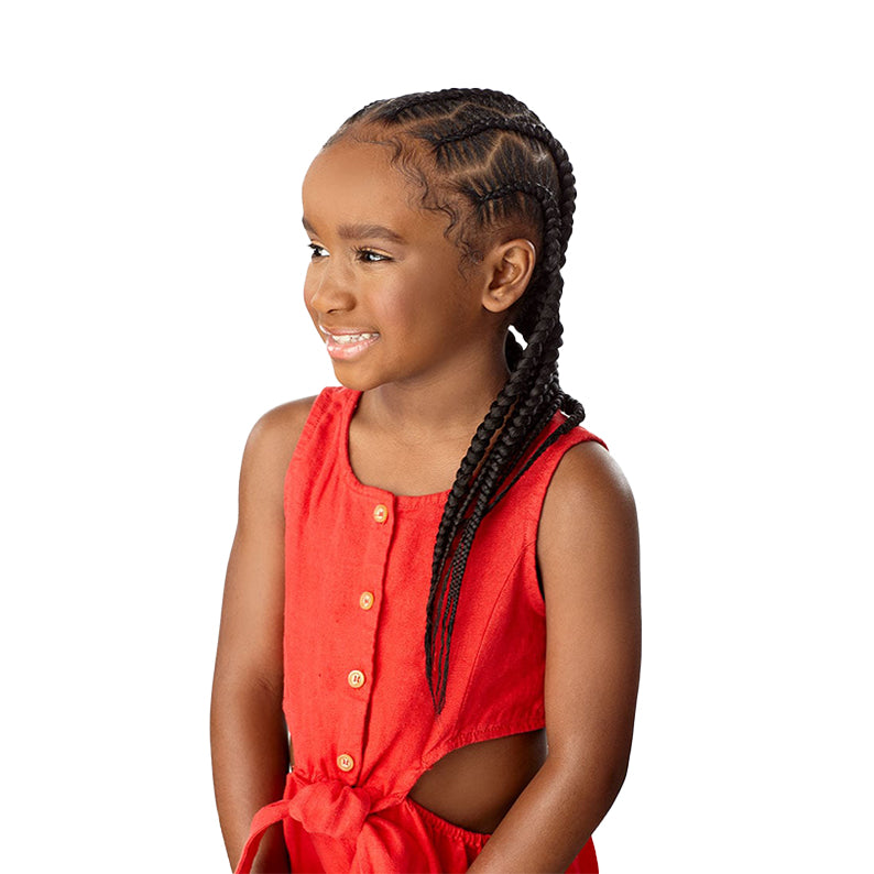 Young girl with neat cornrow braids showcasing pre-stretched braiding hair for kids by SENSATIONNEL