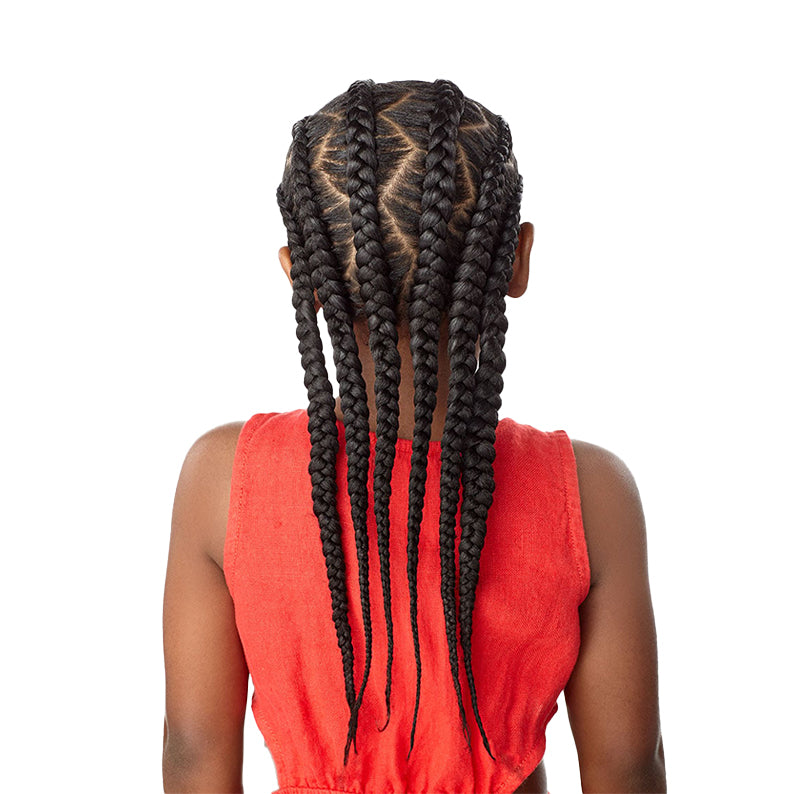 SENSATIONNEL pre-stretched braiding hair for kids styled in neat long braids on a child wearing a red sleeveless top