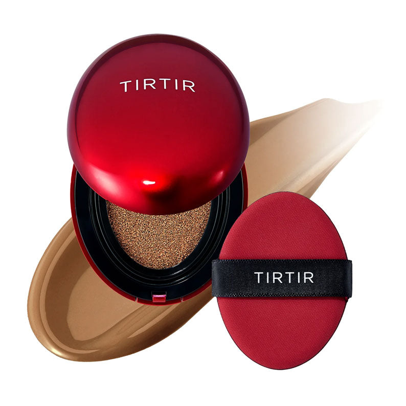 TIRTIR Mask Fit Red Cushion foundation with red compact and applicator sponge on foundation smear