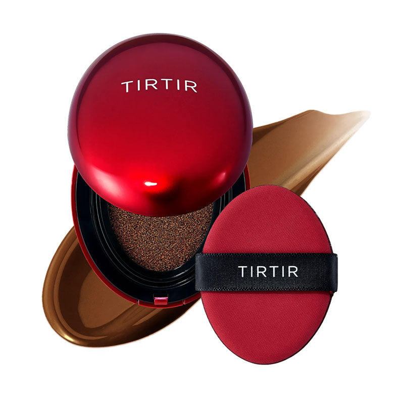 TIRTIR Mask Fit Red Cushion foundation with red compact, cushion applicator, and liquid foundation swatch