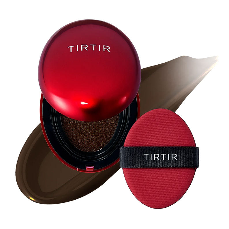 TIRTIR Mask Fit Red Cushion foundation with applicator and rich brown foundation swatch