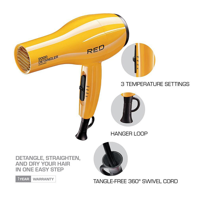 #BD13 2000-Ceramic Detangler Dryer 3 Styling Attachments [YELLOW]