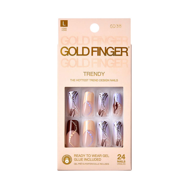IVY BEAUTY by KISS KISS Gold Finger Trendy Nails nude beige set with brown swirl and dot design press on nails 24 pieces