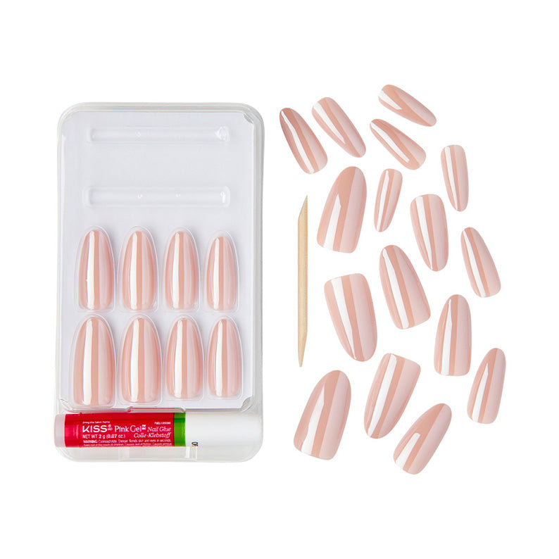 IVY BEAUTY by KISS French glazed press on nails kit with nude glossy almond nails adhesive and wooden stick