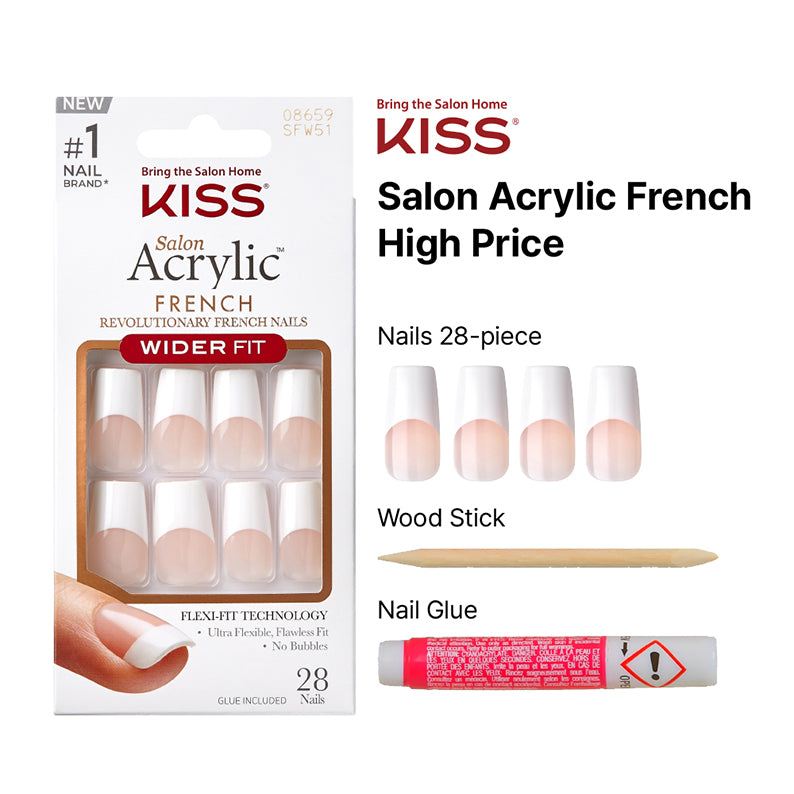 Kiss Salon Acrylic French Wider Fit Nails 28 piece clear French tip press on nails with glue and wood stick