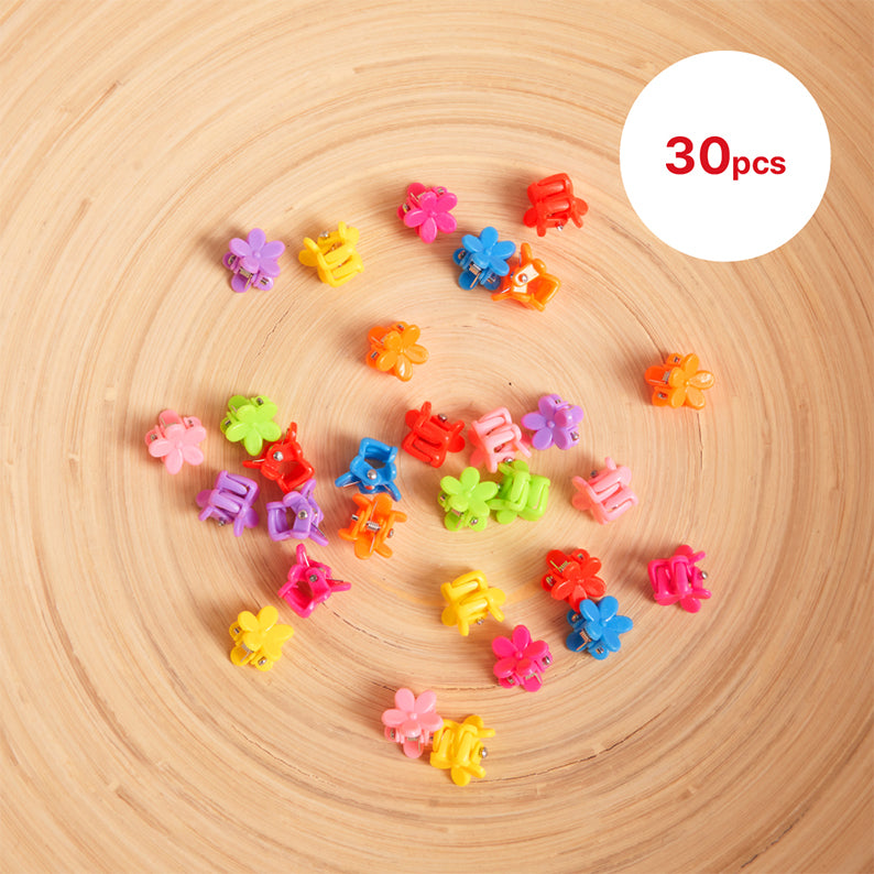 RED BEAUTY by KISS kids flower hair clips 30 colorful plastic mini clips on round wooden tray