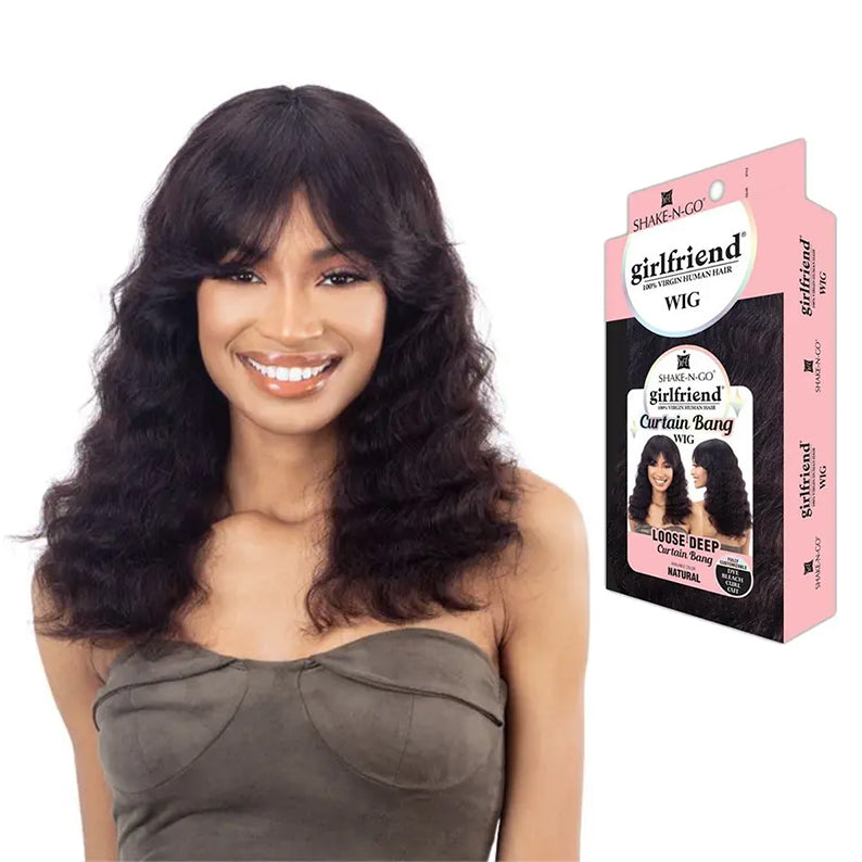 SHAKE N GO Girlfriend 100% Virgin Human Hair Curtain Bang Wig - LOOSE DEEP