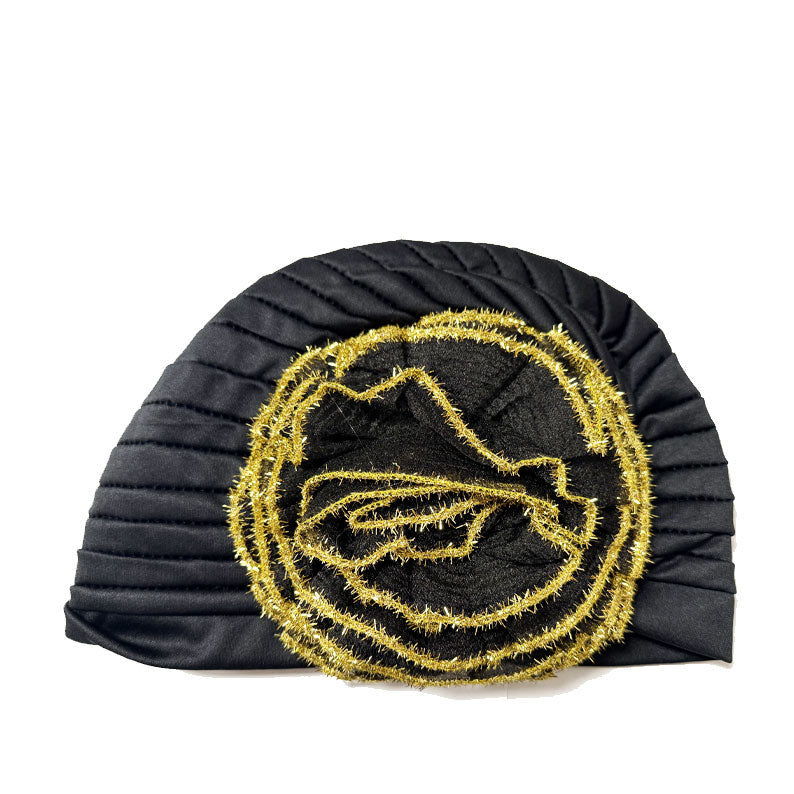 BEAUTY TOWN black satin bonnet turban with gold tinsel rosette and pleated satin protective sleep cap