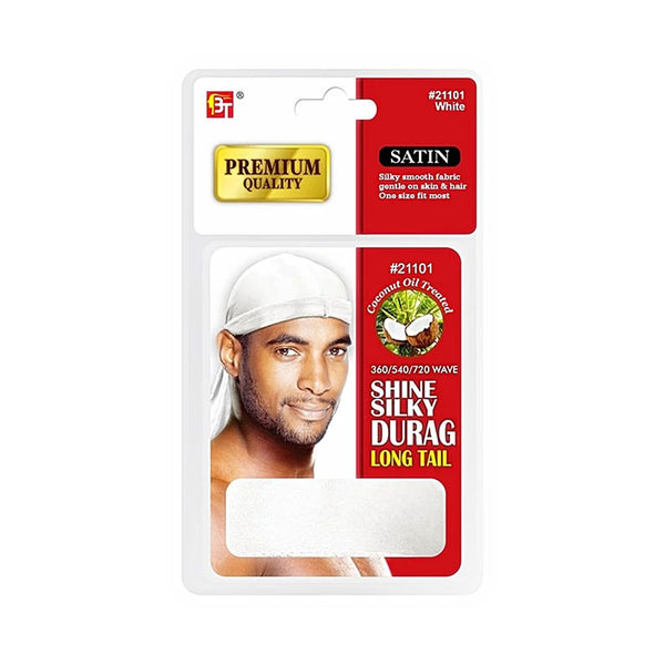 BEAUTY TOWN Premium Quality Coconut Oil Treated Shine Silky Durag with Long Tail #21101 [WHITE]