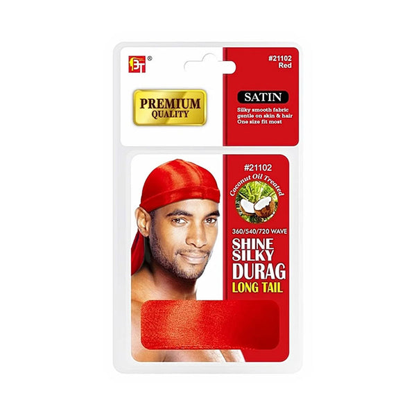 BEAUTY TOWN Premium Quality Coconut Oil Treated Shine Silky Durag with Long Tail #21102 [RED]