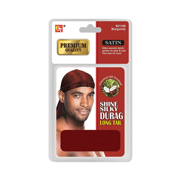 BEAUTY TOWN Premium Quality Coconut Oil Treated Shine Silky Durag with Long Tail #21108 [BURGUNDY]