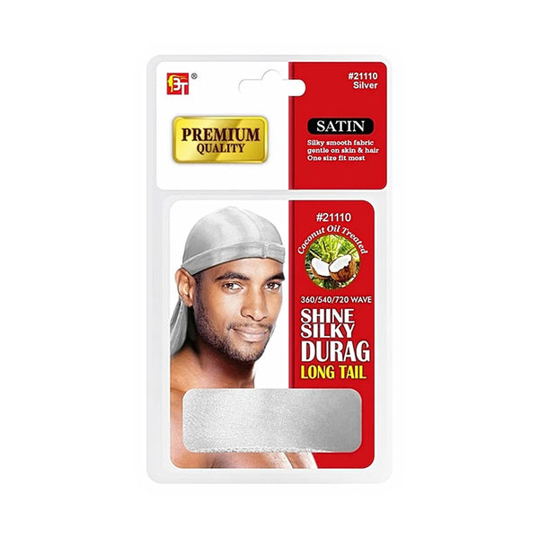 BEAUTY TOWN Premium Quality Coconut Oil Treated Shine Silky Durag with Long Tail #21110 [SILVER]