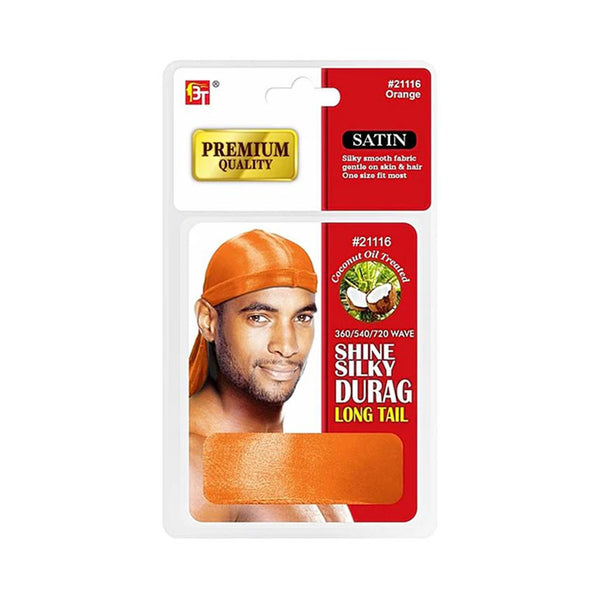 BEAUTY TOWN Premium Quality Coconut Oil Treated Shine Silky Durag with Long Tail #21116 [ORANGE]