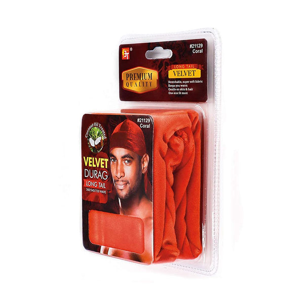 BEAUTY TOWN Premium Quality Coconut Oil Treated Velvet Durag with Long Tail #21129 [CORAL]