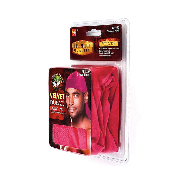 BEAUTY TOWN Premium Quality Coconut Oil Treated Velvet Durag with Long Tail #21130 [SUEDE PINK]