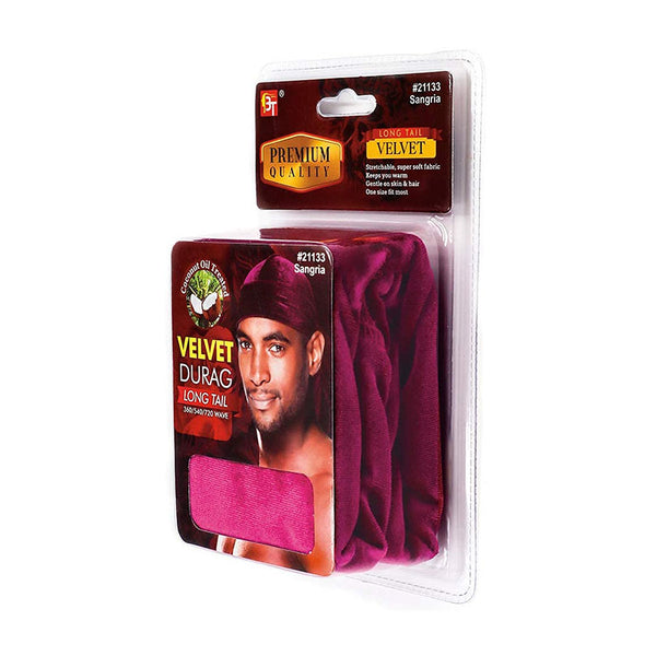 BEAUTY TOWN Premium Quality Coconut Oil Treated Velvet Durag with Long Tail #21133 [SANGRIA]