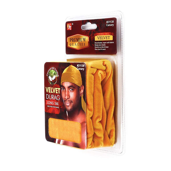 BEAUTY TOWN Premium Quality Coconut Oil Treated Velvet Durag with Long Tail #21138 [CANARY]