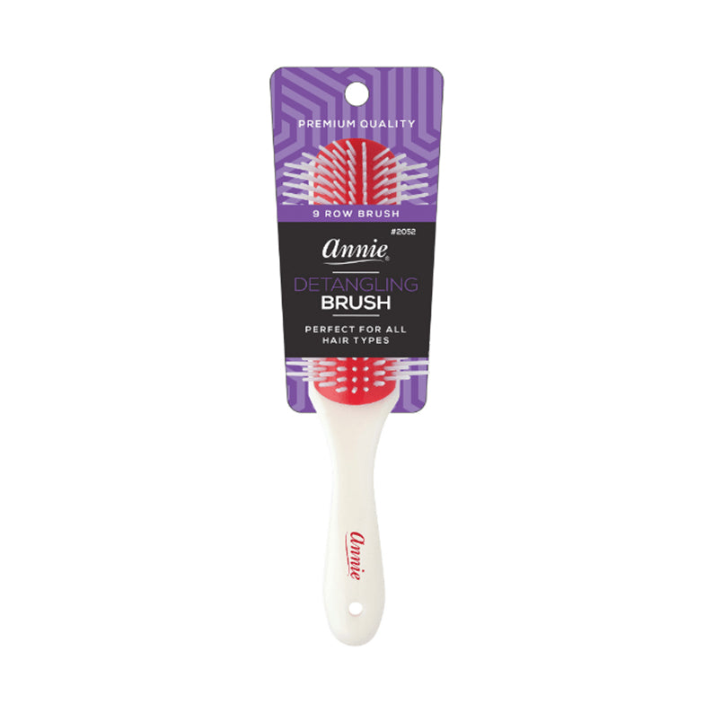 ANNIE rubber cushion detangling brush with red cushion bristles and white ergonomic handle in retail packaging