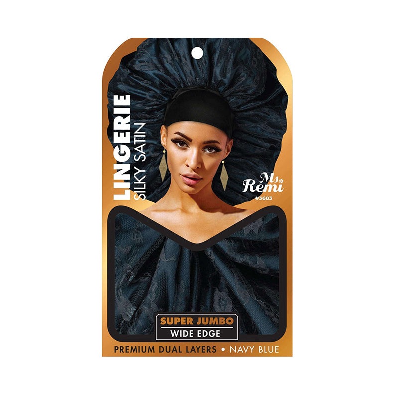 Ms Remi navy blue jumbo silky bonnet for natural hair packaging with model wearing super jumbo wide edge satin bonnet