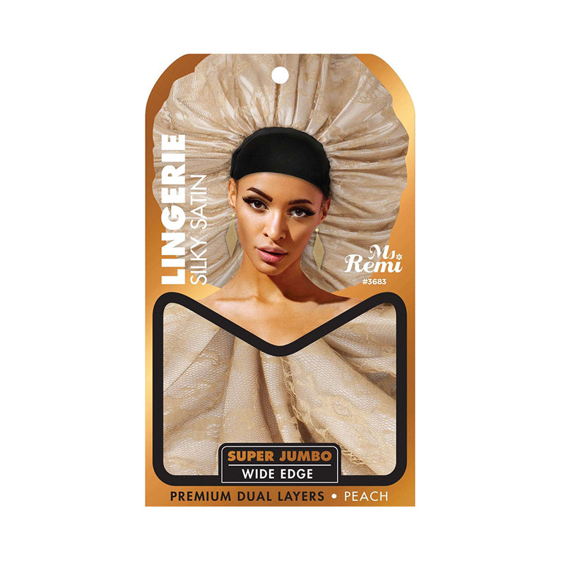 Ms Remi jumbo silky bonnet for natural hair in peach satin packaging showing model wearing super jumbo wide edge