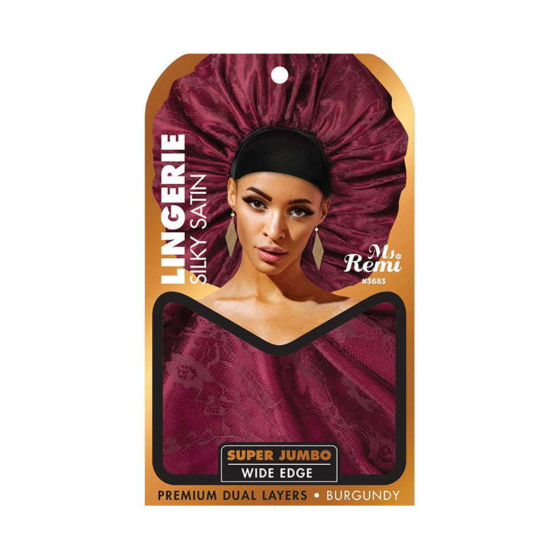 Ms Remi burgundy satin super jumbo bonnet packaging showing model wearing jumbo silky bonnet for natural hair