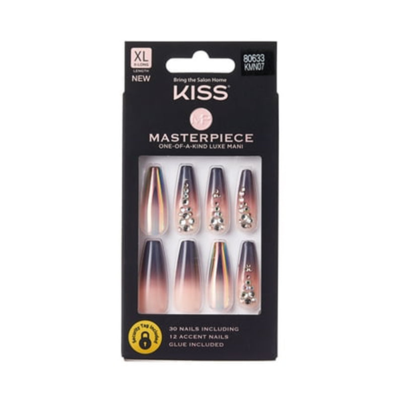 IVY BEAUTY by KISS box of Kiss Masterpiece XL press on nails long ombre pink to dark tips with rhinestone accents