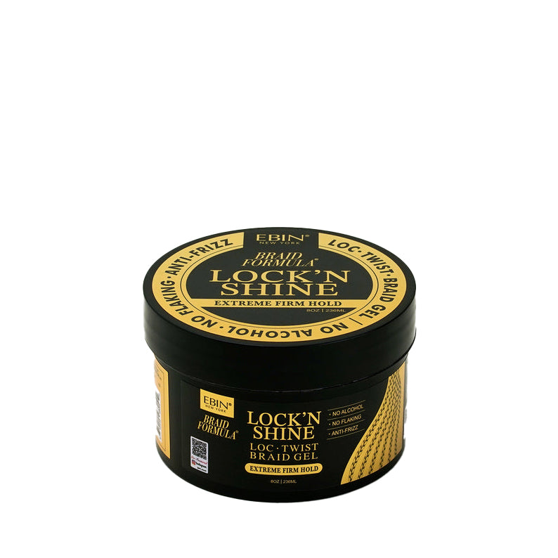 EBIN Lock N Shine braid gel for extreme hold in black and gold jar for braids locs and twists