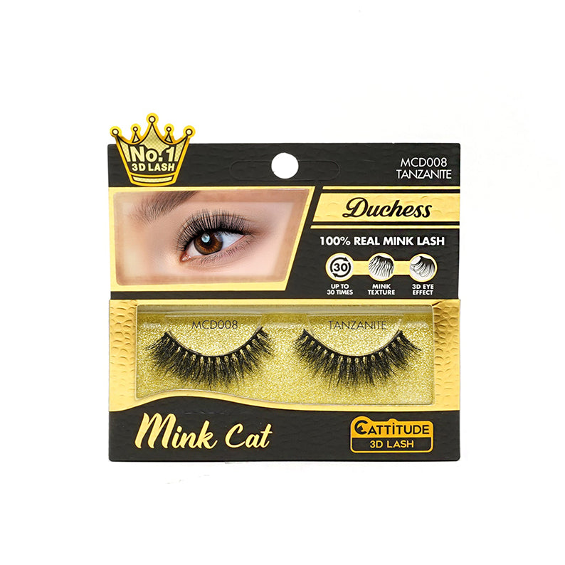 EBIN Mink Cat Duchess 100 percent real mink false eyelashes in gold packaging pair visible 3D mink lashes for dramatic look