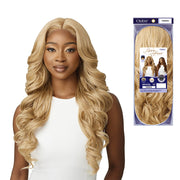 OUTRE blonde lace front wig synthetic long wavy honey blonde wig on model with product packaging