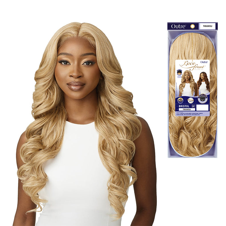 OUTRE blonde lace front wig synthetic long wavy honey blonde wig on model with product packaging