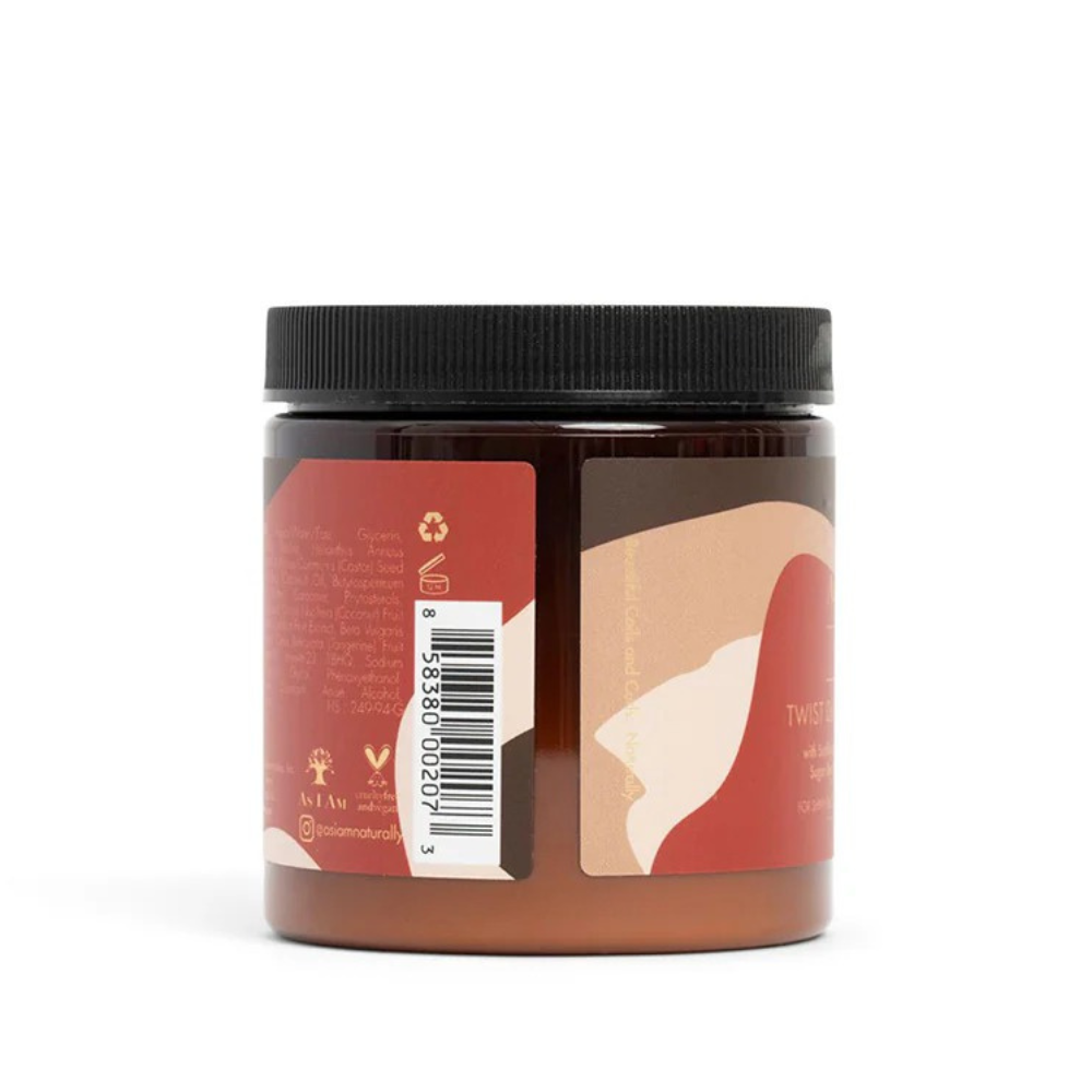 AS I AM twist defining cream for natural hair in brown jar with black lid and red and beige label showing barcode