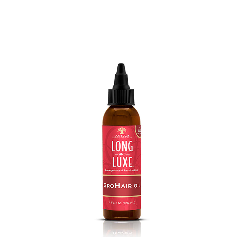 As I Am Long & Luxe Grohair Oil 4 fl oz brown bottle with red label and pointed applicator for hair growth and moisture