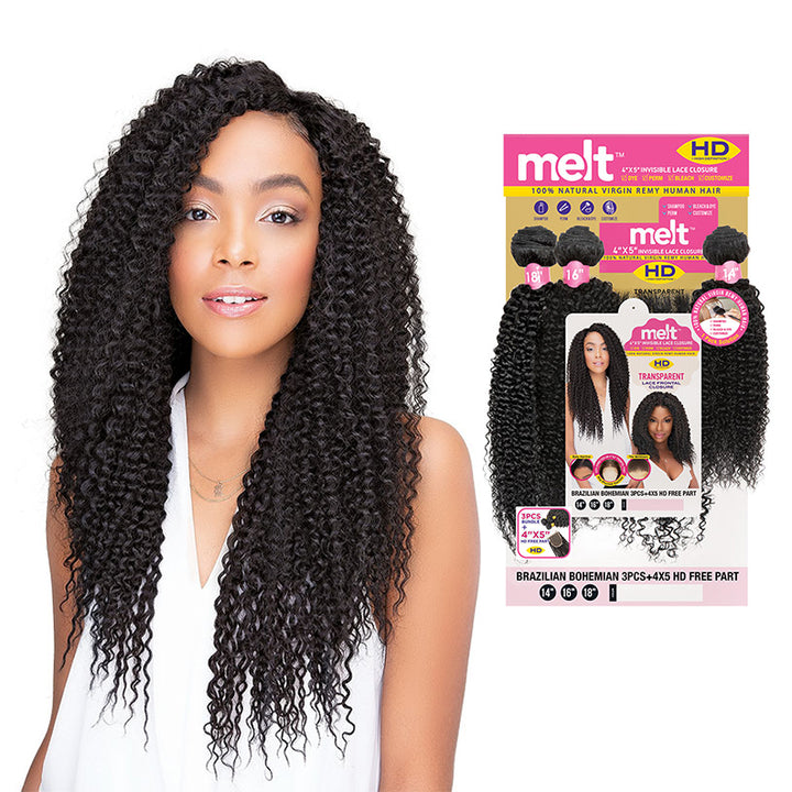 JANET COLLECTION Melt 100% Natural Virgin Remy Human Hair Brazilian Bohemian 3pcs + 4X5 HD Lace Closure