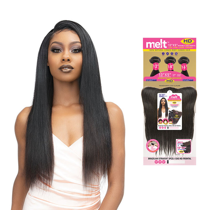 JANET COLLECTION Melt 100% Natural Virgin Remy Human Hair Brazilian Straight 3pcs + 13X5 HD Lace Closure