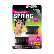 M and M black lace covered wig clips pack showing two spring combs and model wearing short wig 12 pcs