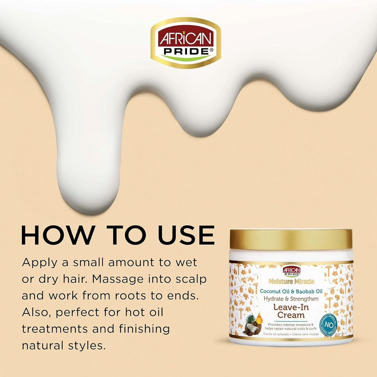 AFRICAN PRIDE Crème sans rinçage miracle hydratante à l'huile de noix de coco et à l'huile de baobab 15oz