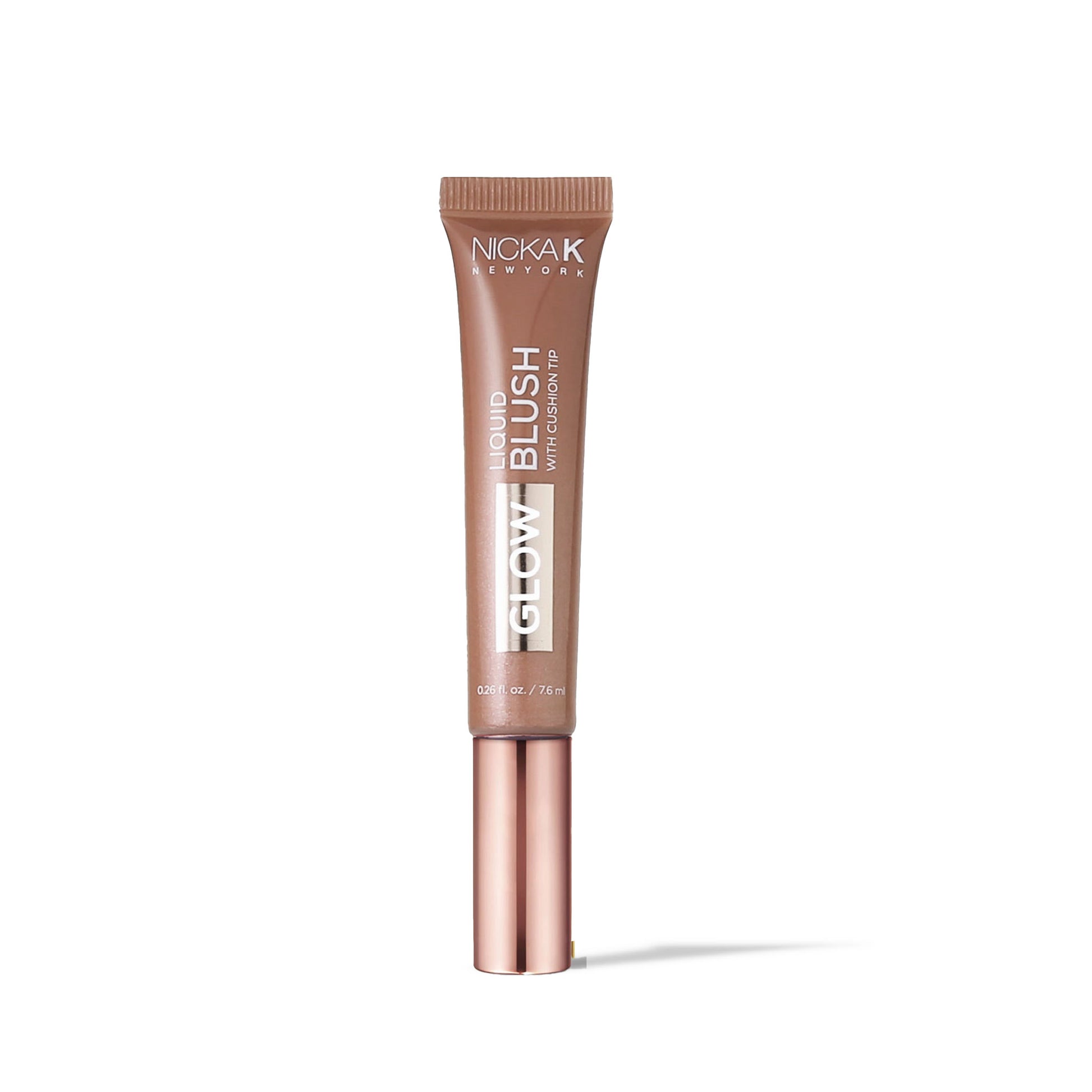 NICKA K liquid glow blush in a brown tube with rose gold cap for radiant makeup