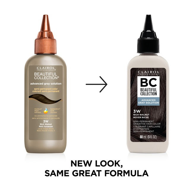 BEAUTIFUL COLLECTION semi permanent hair color for gray hair bottles showing old and new packaging