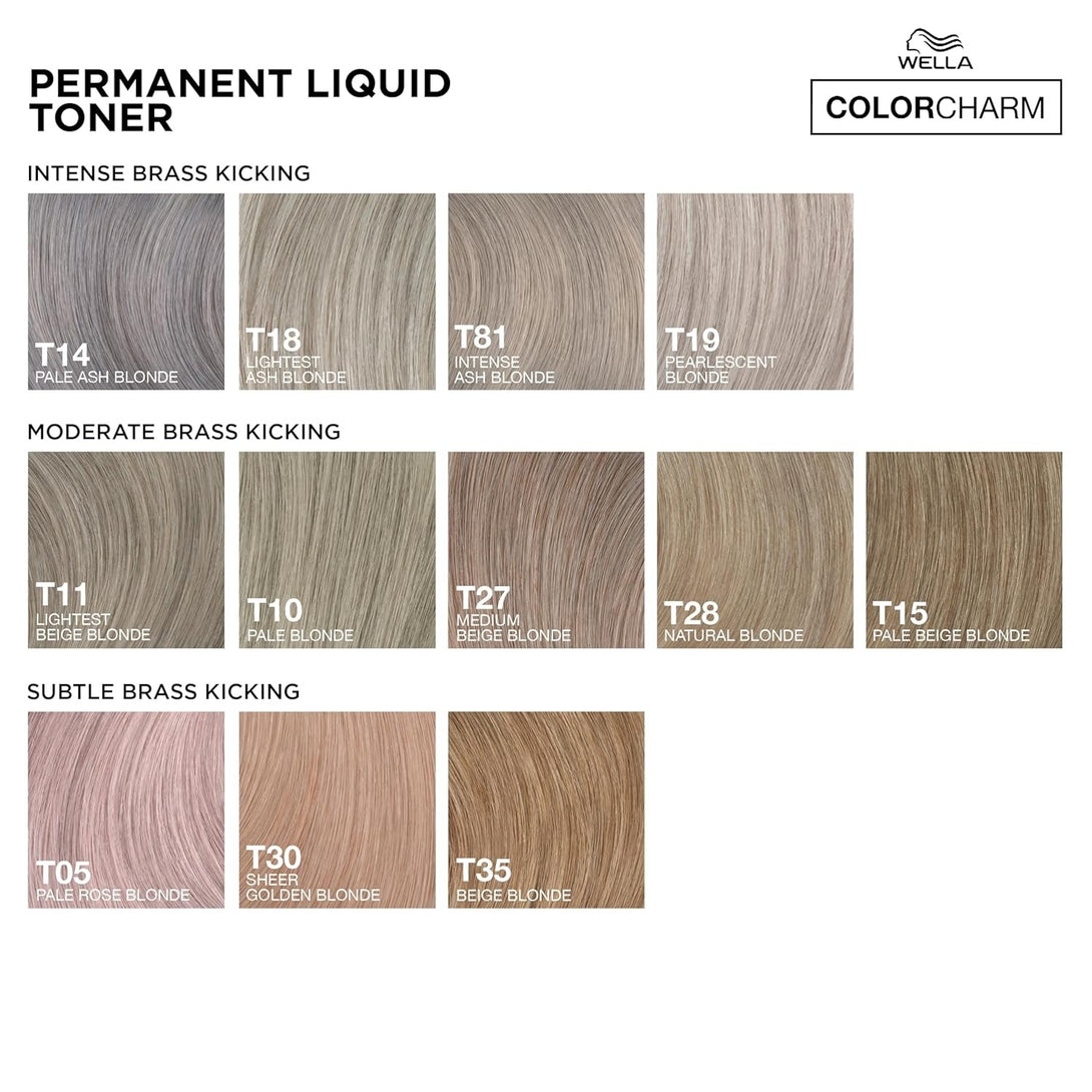 Wella permanent liquid hair toner color chart showing blonde shades for brass correction