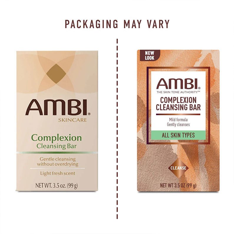 AMBI complexion cleansing bar dual packaging comparison showing two box designs