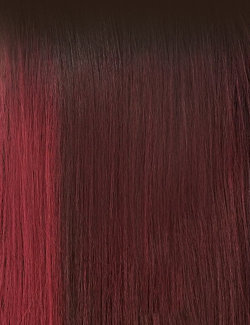 OUTRE wig with straight synthetic hair featuring a dark brown to burgundy ombre color blend