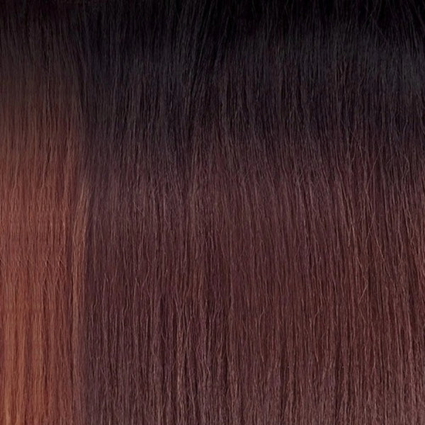 OUTRE wig with smooth straight ombre hair transitioning from dark roots to brown ends