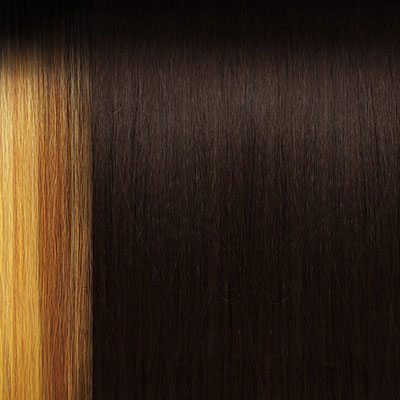 OUTRE lace front synthetic wig showing smooth straight hair strands in dark and honey blonde colors