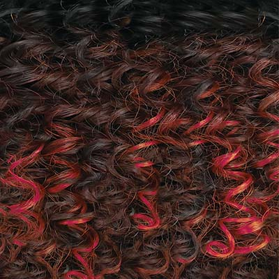 Close-up of OUTRE lace front synthetic wig with tight curly dark brown and red highlights
