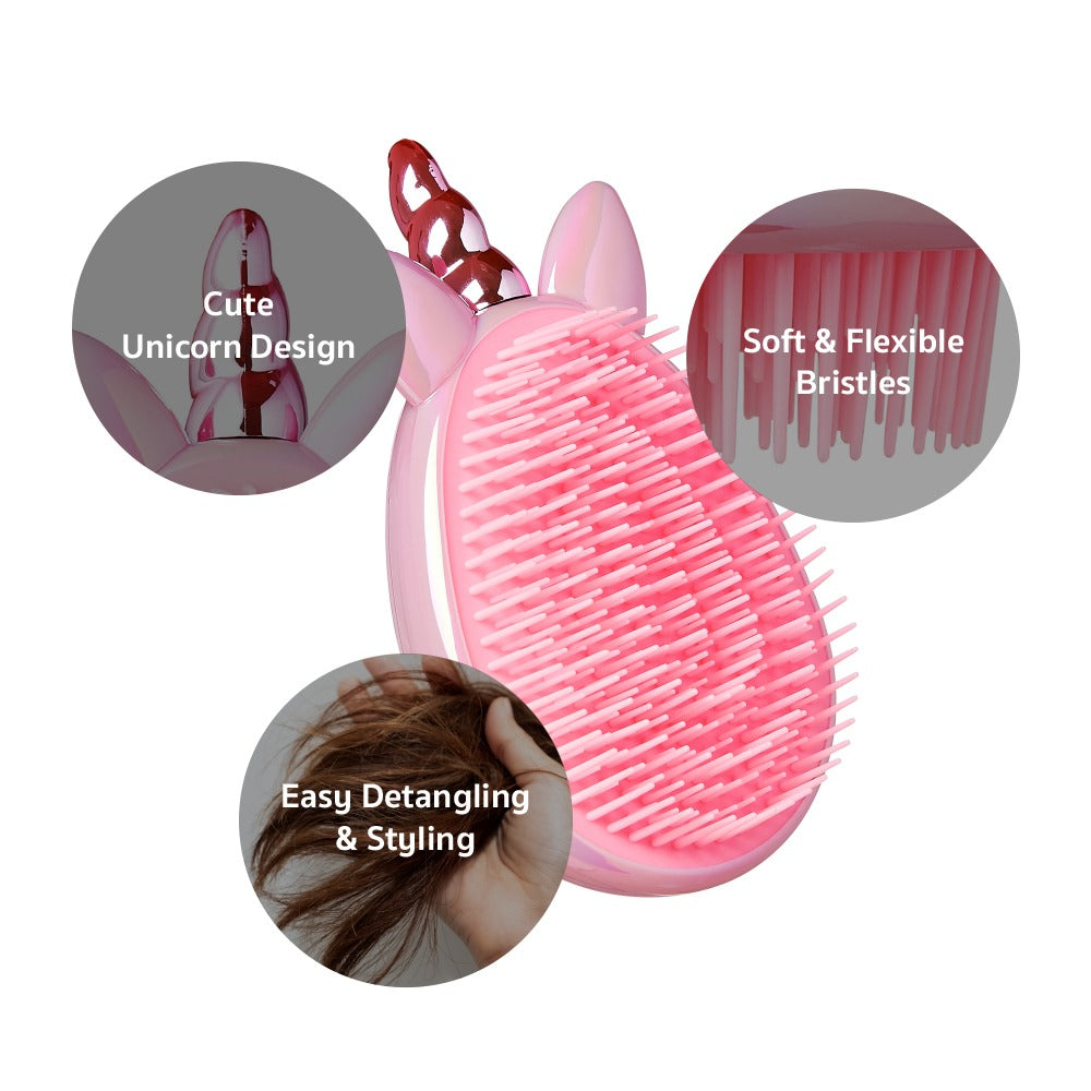 RED BEAUTY by KISS pink unicorn detangling brush with soft flexible bristles and cute unicorn design for styling