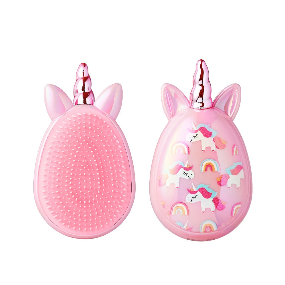 pink unicorn detangling brush handheld oval with soft silicone bristles and unicorn horn ears rainbow print back